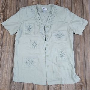 Vintage Sage Green Lightweight Button Down Embroidered Short Sleeve Blouse Top